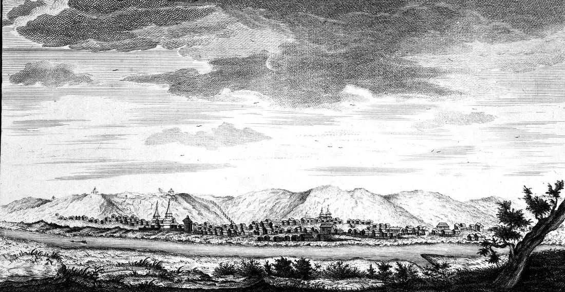 Кузнецк, гравюра 1769 года: вид города с реки